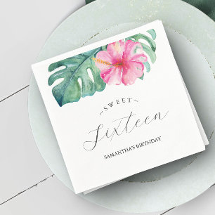 Servilleta De Papel Cumpleaños de Sweet 16 con tema tropical acuarela