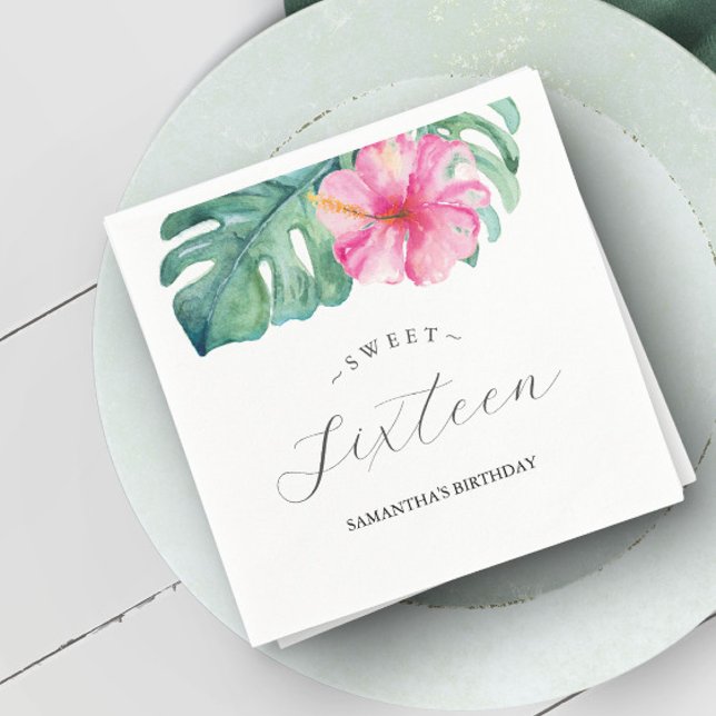 Servilleta De Papel Cumpleaños de Sweet 16 con tema tropical acuarela (Birthday party sweet 16 napkins with tropical theme watercolor art by Victoria Grigaliunas)
