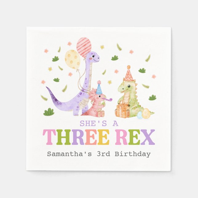 Servilleta De Papel Cumpleaños de tres dinosaurios Rex (Anverso)