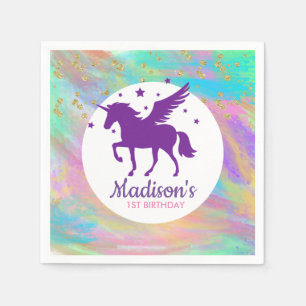 Servilleta De Papel Cumpleaños de Unicornio morado y dorado