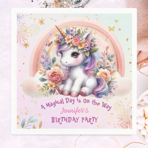 Servilleta De Papel Cumpleaños de Unicornio Niña Floral Rosa Arcoíris