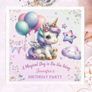 Servilleta De Papel Cumpleaños de Unicornio Niña Púrpura y Dorado