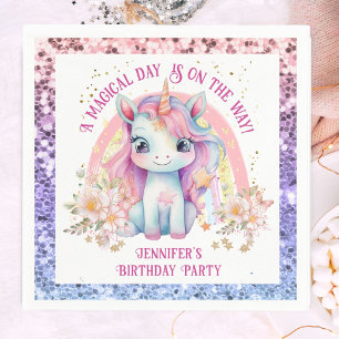Servilleta De Papel Cumpleaños de Unicornio Niña Rosa Brillo Arcoíris