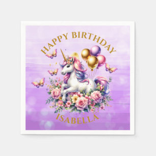 Servilleta De Papel Cumpleaños de Unicornio rosa, morado y dorado de b