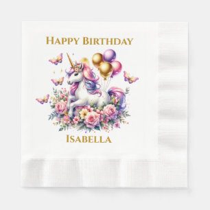 Servilleta De Papel Cumpleaños de Unicornio Rosa, Púrpura y Dorado Pre