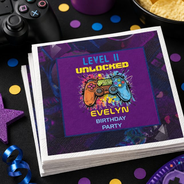 Servilleta De Papel Cumpleaños de videojuegos Sube de Nivel Game On (Game On Level Up Video Game Birthday Napkins)