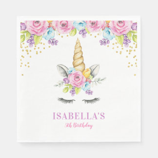 Servilleta De Papel Cumpleaños de Watercolor Floral Unicornio