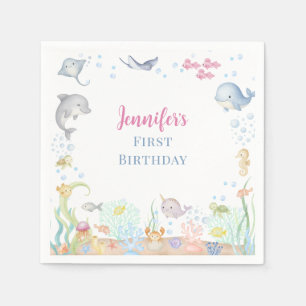 Servilleta De Papel Cumpleaños de Watercolor Under the Sea Girl 1st