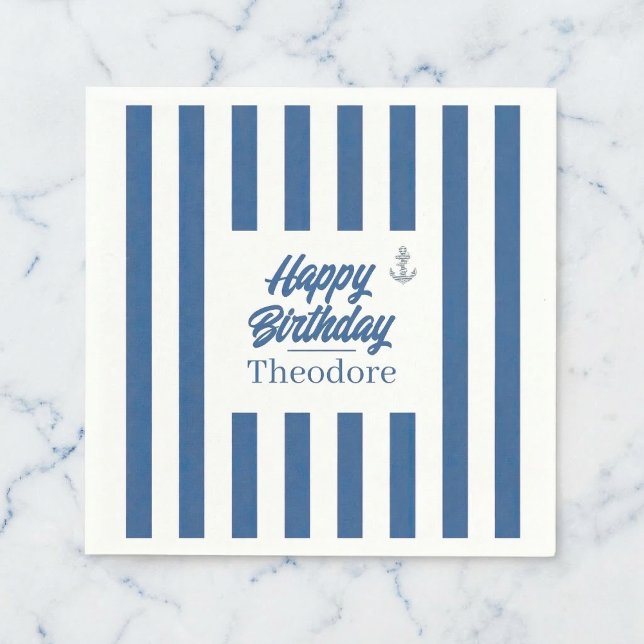 Servilleta De Papel Cumpleaños del Ancla a Rayas Náuticas (Perfect for your nautical theme.)