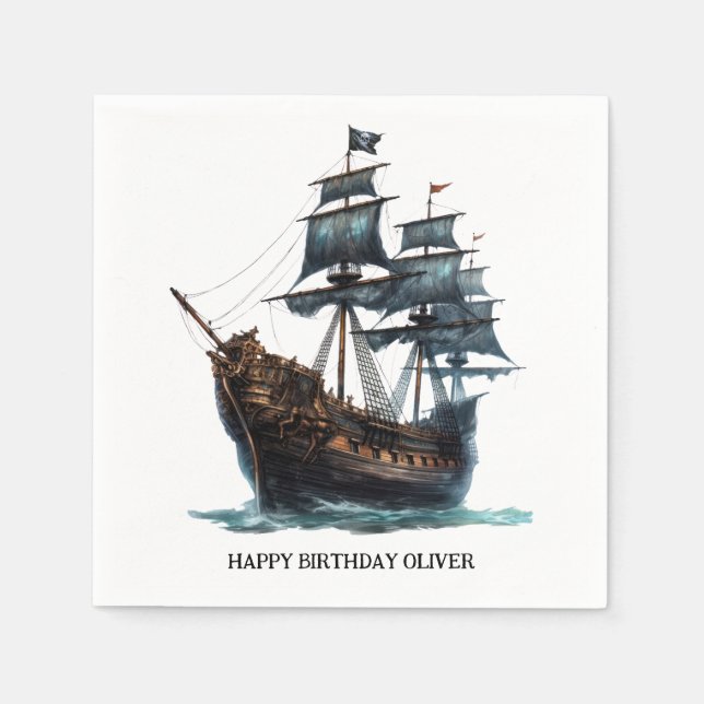Servilleta De Papel Cumpleaños del Barco Pirata Negro (Anverso)