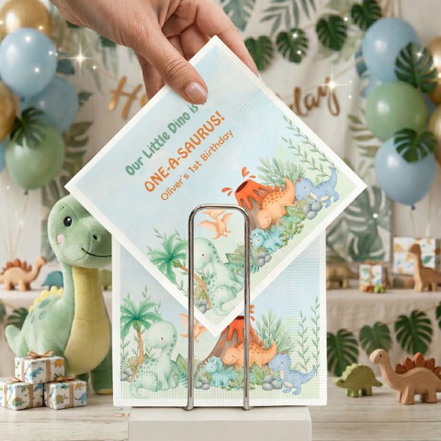 Servilleta De Papel Cumpleaños del Dinosaurio One-A-Saurus 1er (One-A-Saurus Dinosaur 1st Birthday Paper Napkins)