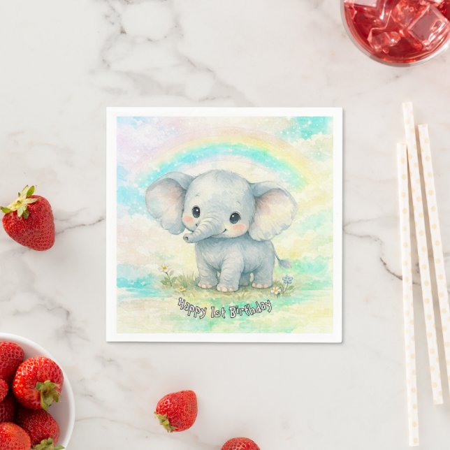 Servilleta De Papel Cumpleaños del Elefante Primero Arcoíris Pastel Ne (In situ)