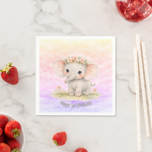 Servilleta De Papel Cumpleaños del Elefante Primero Arcoíris Rosa Past