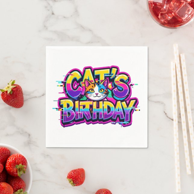 Servilleta De Papel Cumpleaños del Gato Arcoíris Glitch (In situ)