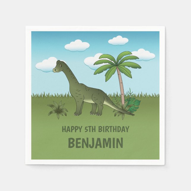 Servilleta De Papel Cumpleaños del niño de Dinosaurio Círculo Verde (Anverso)