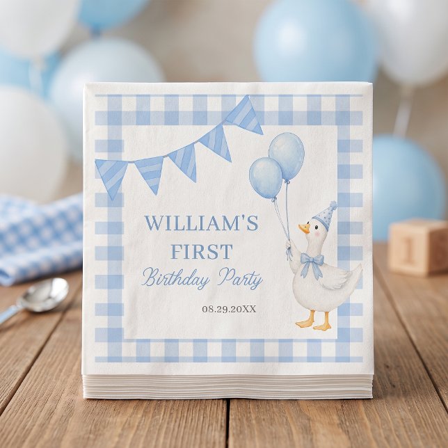 Servilleta De Papel Cumpleaños del niño de gingham azul Silly Goose (Subido por el creador)