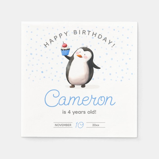 Servilleta De Papel Cumpleaños del niño pingüino del bizcocho azul (Anverso)