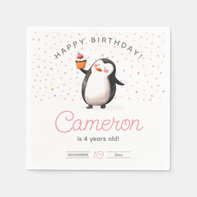 Servilleta De Papel Cumpleaños del pingüino de bizcochito rosa (Anverso)