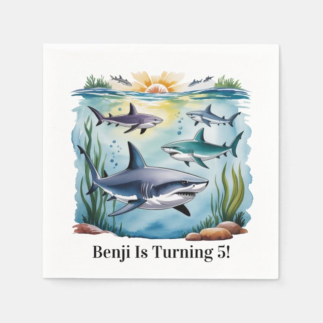 Servilleta De Papel Cumpleaños Del Tiburón Bajo El Mar (Anverso)