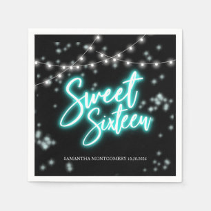 Servilleta De Papel Cumpleaños Dulces 16 Fiesta Oscura Neon Teal