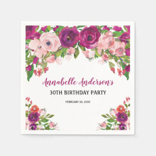 Servilleta De Papel Cumpleaños Elegante Acuarela Floral Rosa Púrpura
