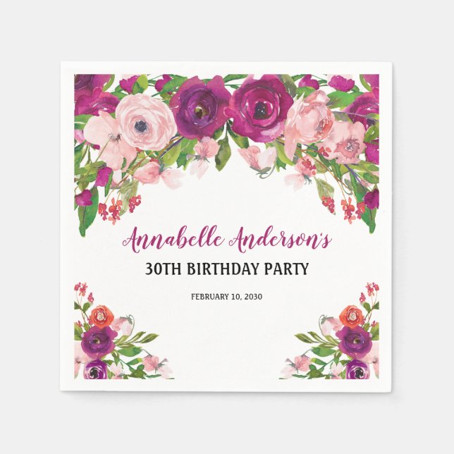 Servilleta De Papel Cumpleaños Elegante Acuarela Floral Rosa Púrpura (Anverso)