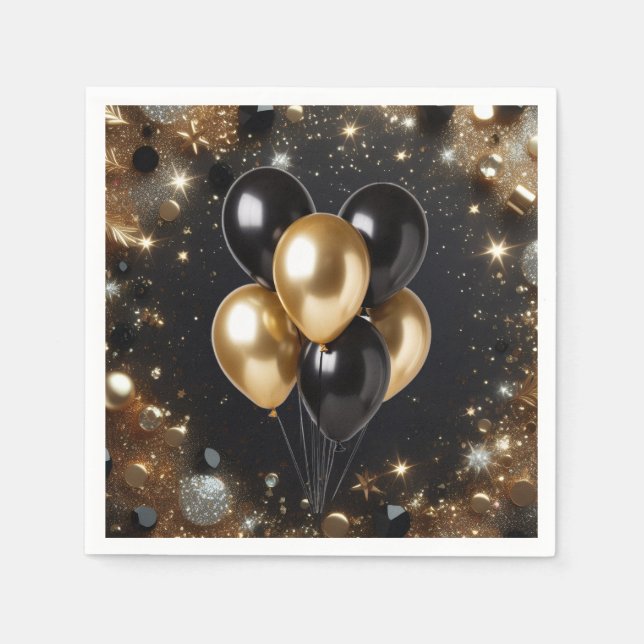 Servilleta De Papel Cumpleaños elegante con globos de brillo negro y d (Anverso)