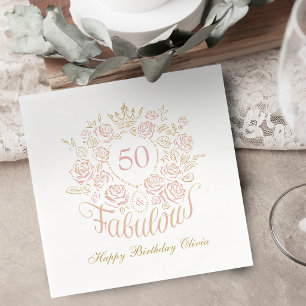 Servilleta De Papel Cumpleaños elegante floral rosa y dorado 50 y fabu