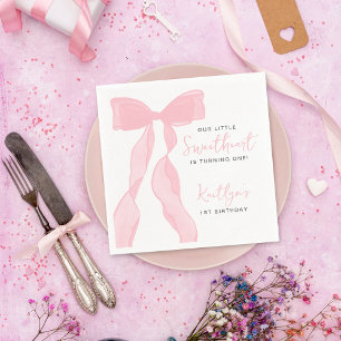 Servilleta De Papel Cumpleaños Elegante Lazo Rosa Pequeño Corazón