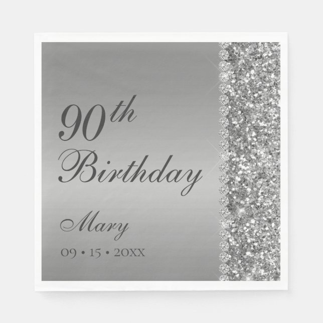 Servilleta De Papel Cumpleaños elegante plateado número 90 (Anverso)
