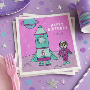 Servilleta De Papel Cumpleaños espacial de Astronauta Girl y Rocket Mo