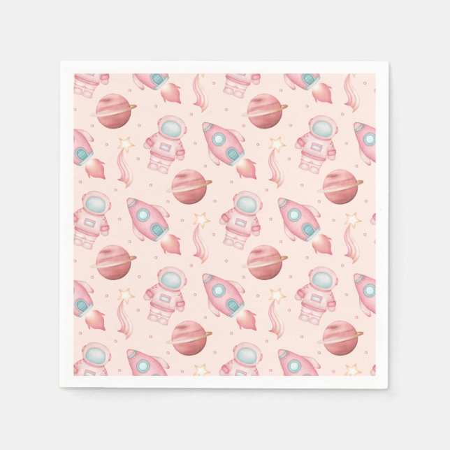 Servilleta De Papel Cumpleaños Espacial Niñas Rosa Astronauta (Anverso)