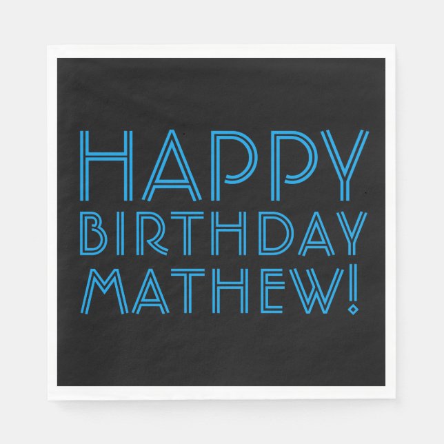 Servilleta De Papel Cumpleaños feliz (CUALQUIER NOMBRE) | Azul y negro (Anverso)