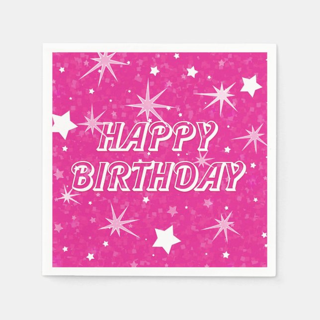 Servilleta De Papel Cumpleaños Feliz Estrellas de Brillo Rosa Caliente (Anverso)