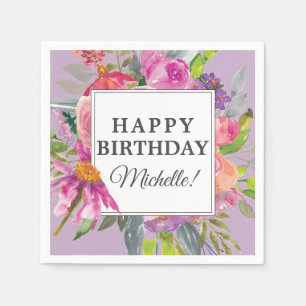 Servilleta De Papel Cumpleaños Feliz Jardín Floral Rosa y Morado Fiest