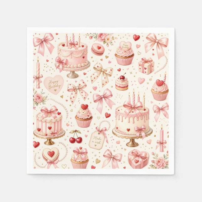 Servilleta De Papel Cumpleaños Feliz lazo rosa (Anverso)