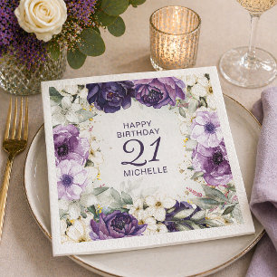 Servilleta De Papel Cumpleaños Feliz Nombre Edad Floral Blanco Morado
