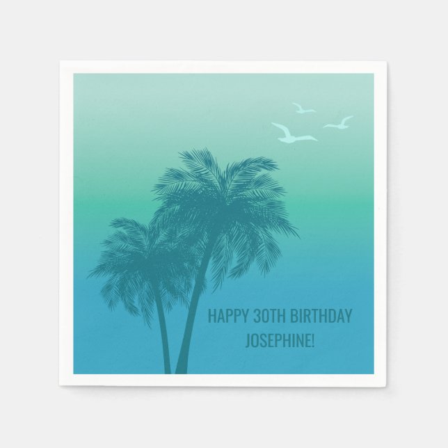 Servilleta De Papel Cumpleaños Feliz Palmeras Azules Aqua Tropicales (Anverso)