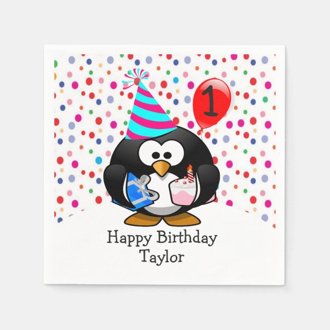 Servilleta De Papel Cumpleaños Feliz Pingüino Cute Kid 1er (Anverso)