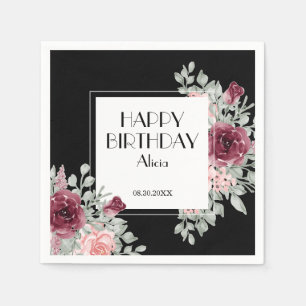 Servilleta De Papel Cumpleaños Feliz Rosa Rosa Burgundy Flora Negra