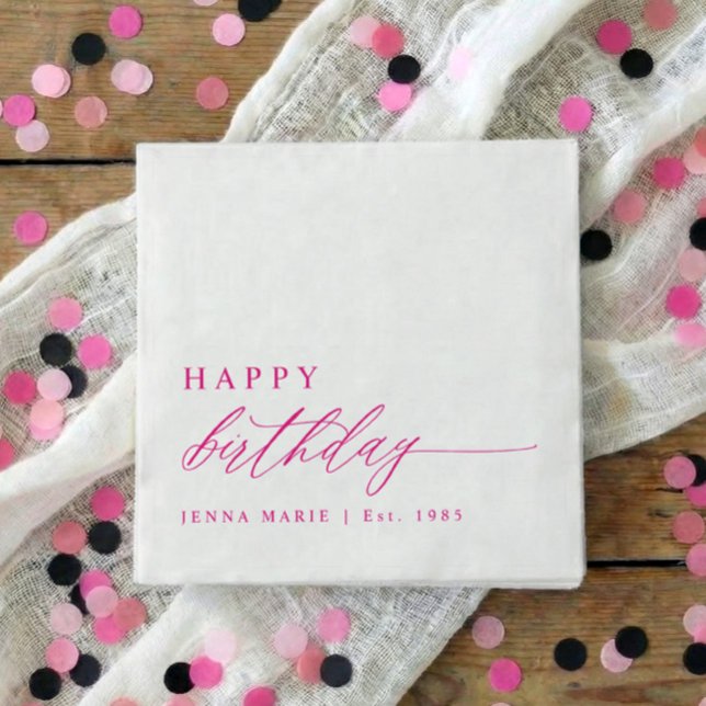 Servilleta De Papel Cumpleaños Feliz Rosa Simple Elegante Moderno (Pink personalized happy birthday script party napkins - Modern, elegant and simple.)