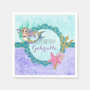 Servilleta De Papel Cumpleaños Feliz Sirena Monograma Bonito Verde Azu