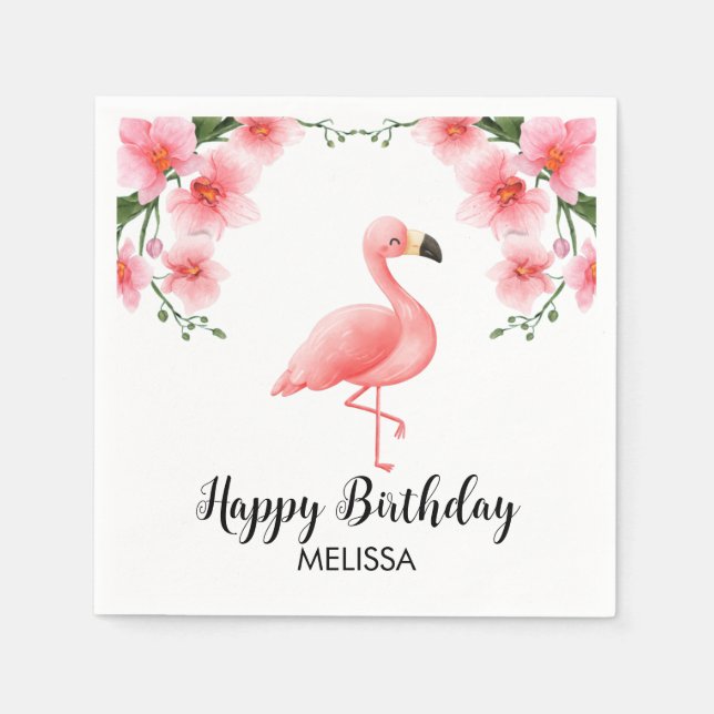 Servilleta De Papel Cumpleaños Flor de Orquídea Rosa Flamenco (Anverso)