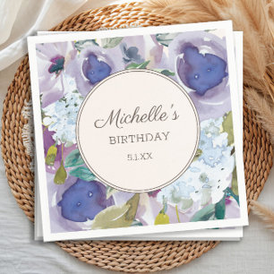 Servilleta De Papel Cumpleaños Floral Acuarela Azul Lila Polvoriento