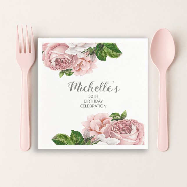 Servilleta De Papel Cumpleaños floral acuarela rosa personalizado (Pink vintage floral paper napkins)