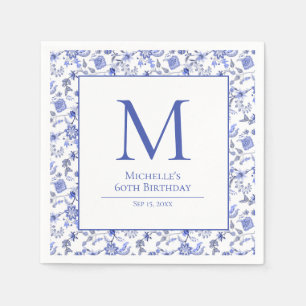 Servilleta De Papel Cumpleaños Floral Azul Blanco Monograma Antiguo