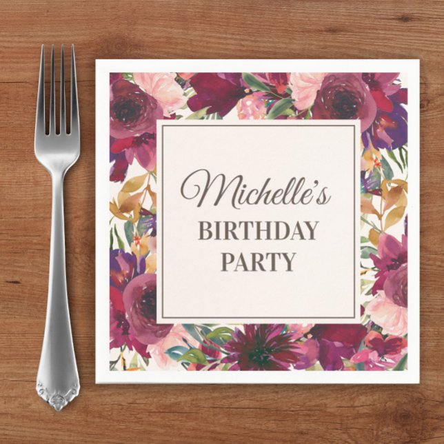Servilleta De Papel Cumpleaños floral de acuarela rosa Borgoña (Burgundy and pink watercolor floral custom birthday party paper napkins)