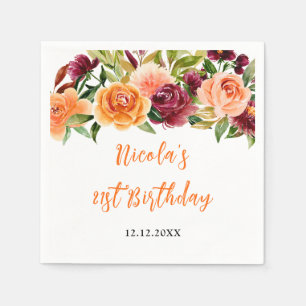 Servilleta De Papel Cumpleaños Floral de Otoño Borgoña y Naranja