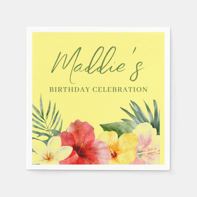 Servilleta De Papel Cumpleaños floral hawaiano amarillo (Anverso)
