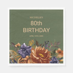 Servilleta De Papel Cumpleaños Floral Naranja Azul Óxido Verde